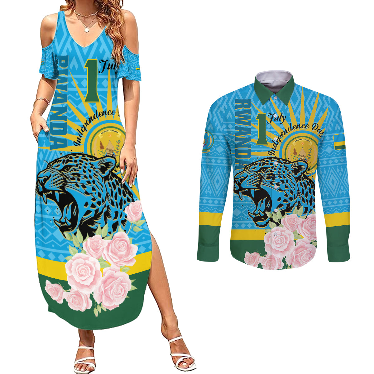 Rwanda Independence Day Couples Matching Summer Maxi Dress and Long Sleeve Button Shirt Leopard With Roses - Wonder Print Shop