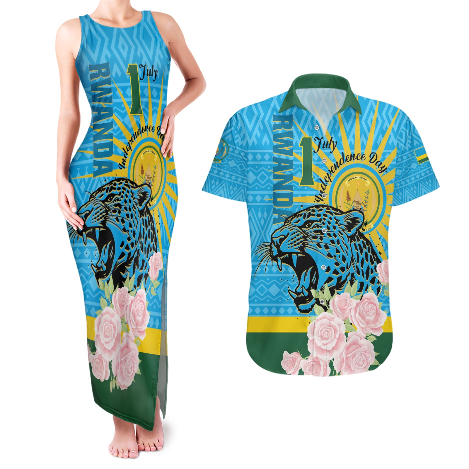 Rwanda Independence Day Couples Matching Tank Maxi Dress and Hawaiian Shirt Leopard With Roses - Wonder Print Shop