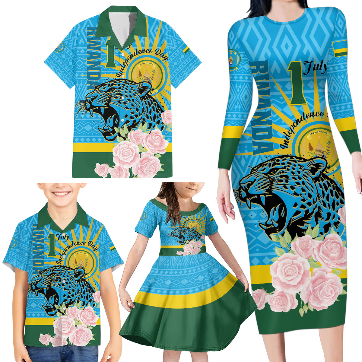 Rwanda Independence Day Family Matching Long Sleeve Bodycon Dress and Hawaiian Shirt Leopard With Roses - Wonder Print Shop