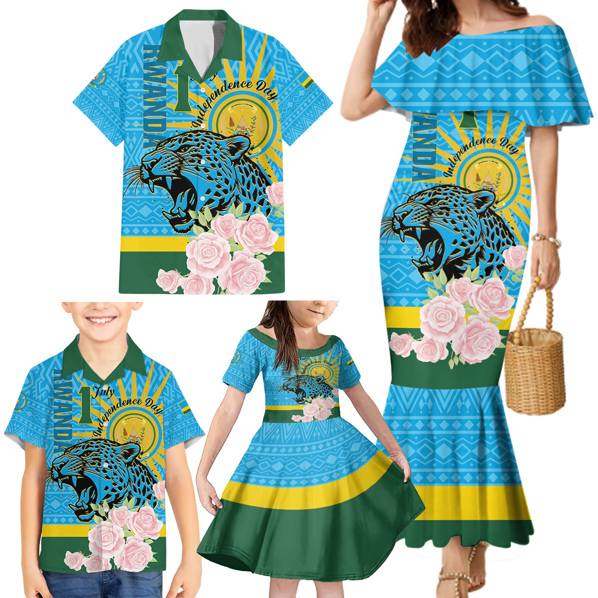 Rwanda Independence Day Family Matching Mermaid Dress and Hawaiian Shirt Leopard With Roses - Wonder Print Shop