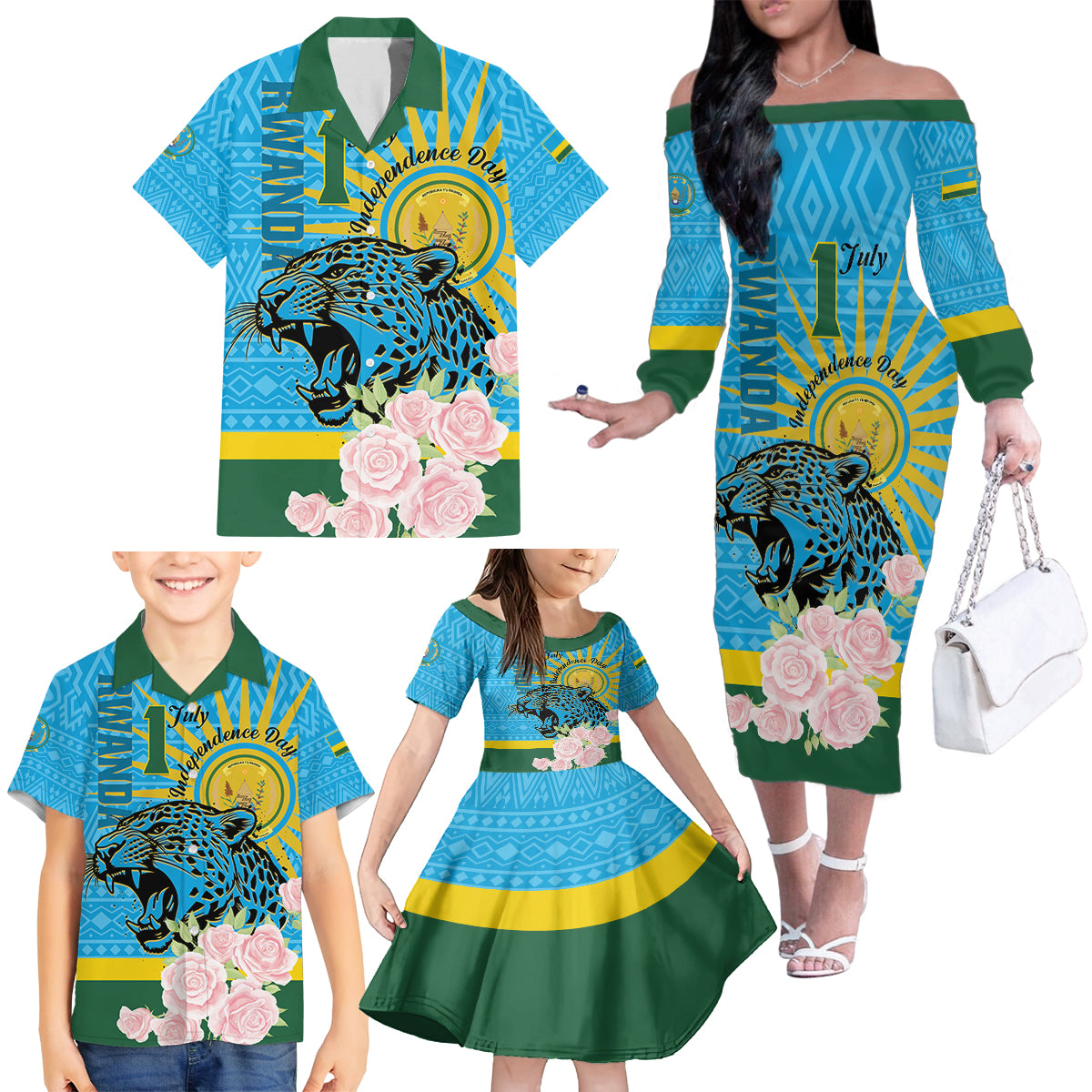 Rwanda Independence Day Family Matching Off The Shoulder Long Sleeve Dress and Hawaiian Shirt Leopard With Roses - Wonder Print Shop