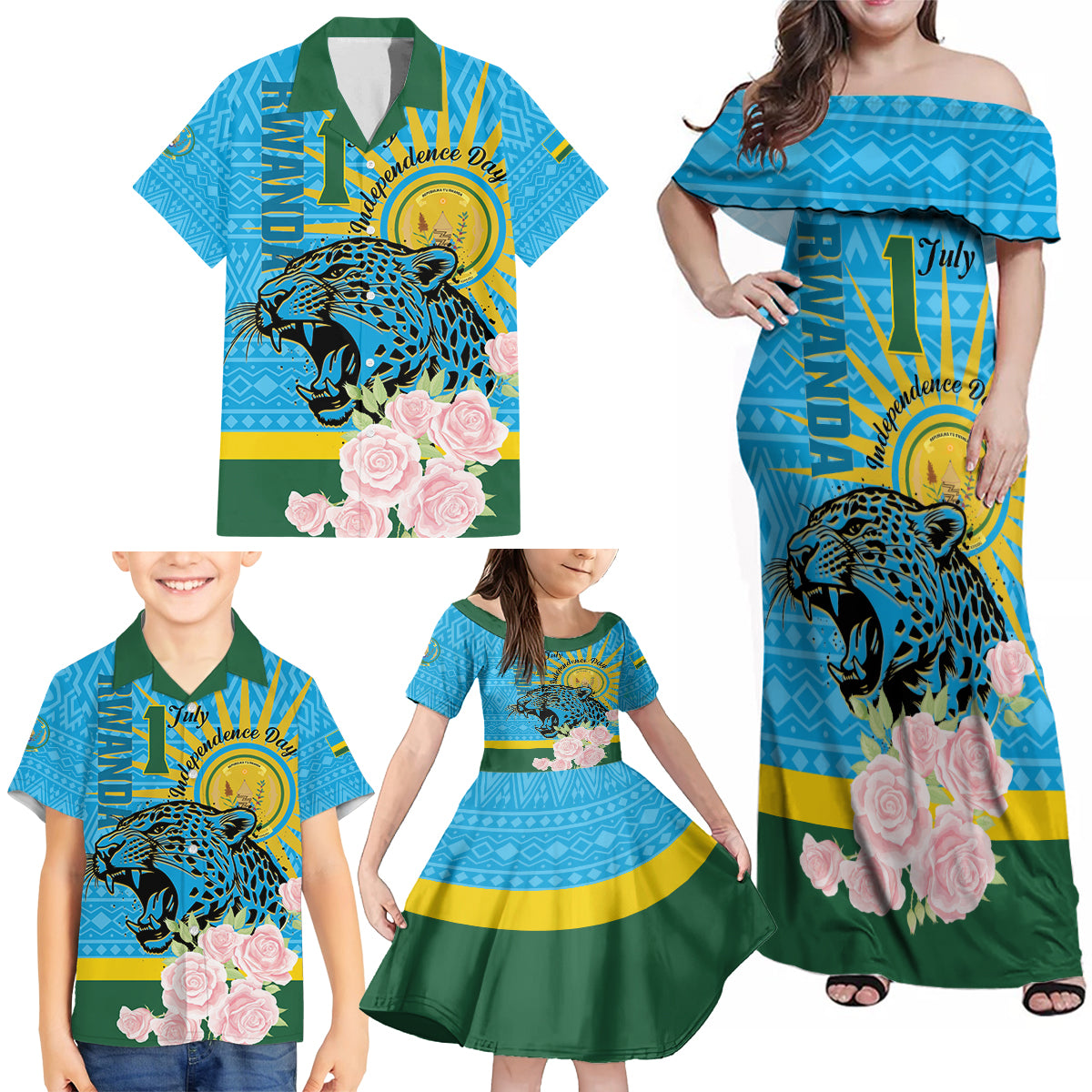 Rwanda Independence Day Family Matching Off Shoulder Maxi Dress and Hawaiian Shirt Leopard With Roses - Wonder Print Shop