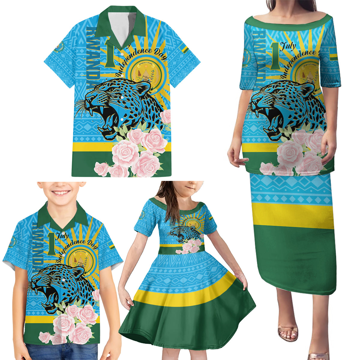 Rwanda Independence Day Family Matching Puletasi and Hawaiian Shirt Leopard With Roses - Wonder Print Shop