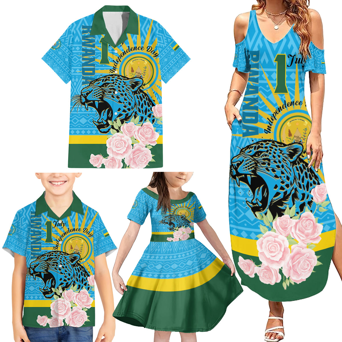 Rwanda Independence Day Family Matching Summer Maxi Dress and Hawaiian Shirt Leopard With Roses - Wonder Print Shop