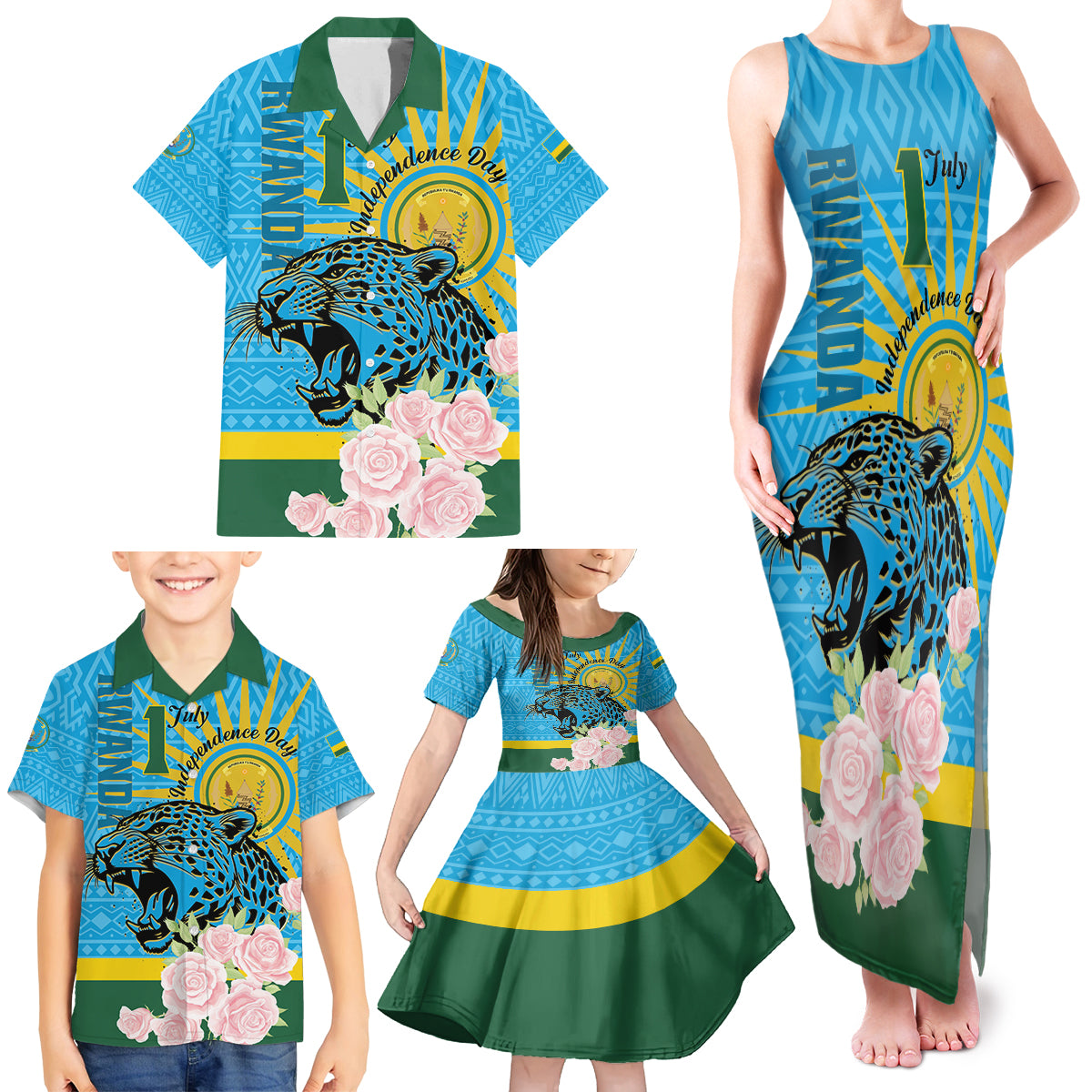 Rwanda Independence Day Family Matching Tank Maxi Dress and Hawaiian Shirt Leopard With Roses - Wonder Print Shop