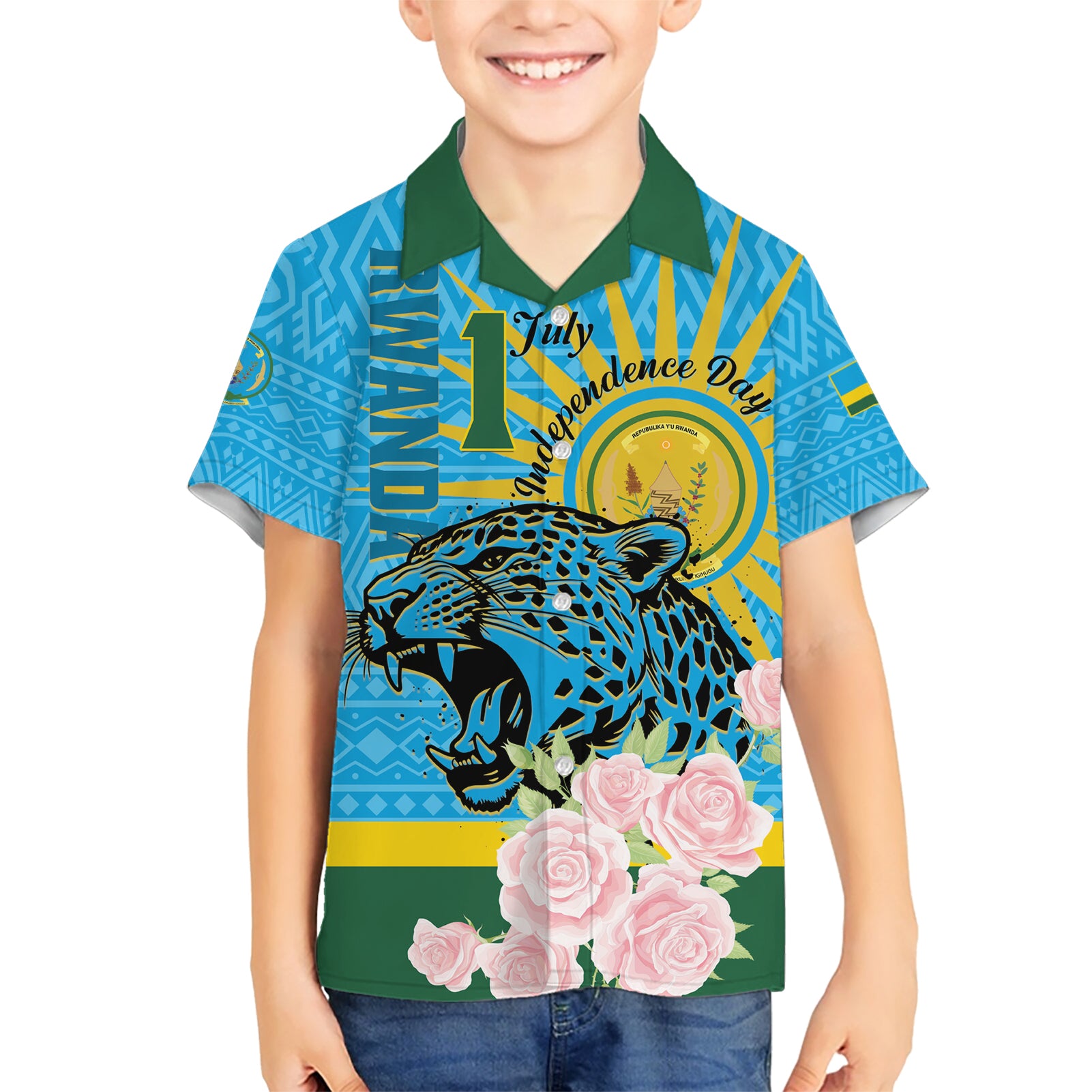 Rwanda Independence Day Kid Hawaiian Shirt Leopard With Roses - Wonder Print Shop