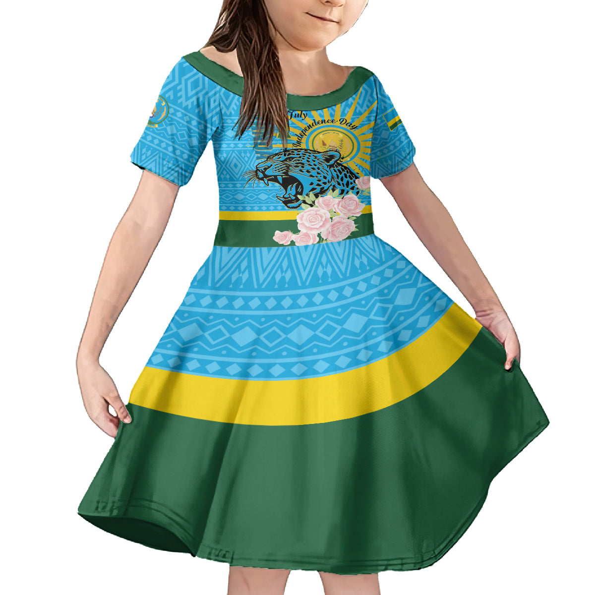 Rwanda Independence Day Kid Short Sleeve Dress Leopard With Roses