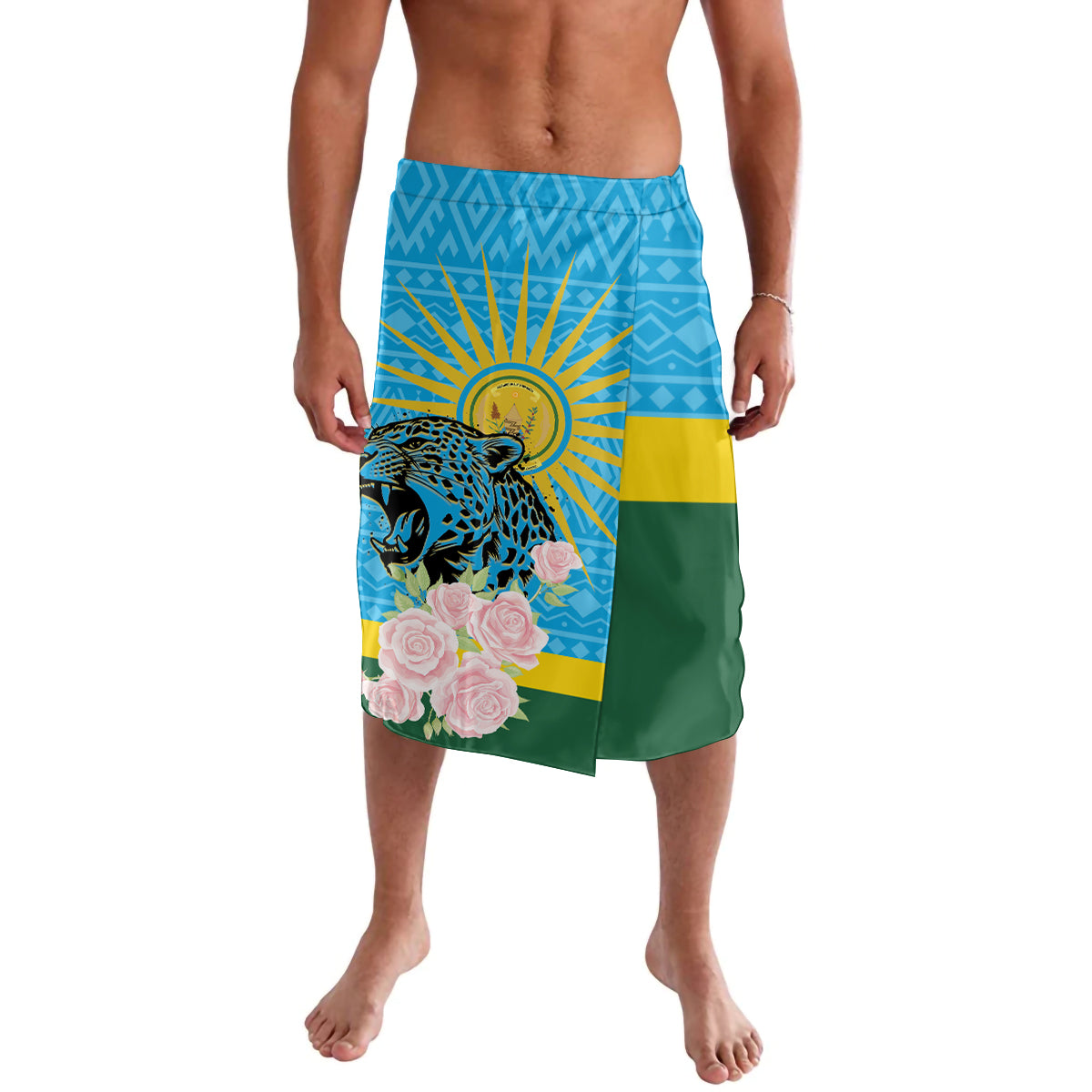 Blue lavalava skirt with leopard and rose print, yellow stripe and green panel