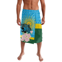 Blue lavalava skirt with leopard and rose print, yellow stripe and green panel