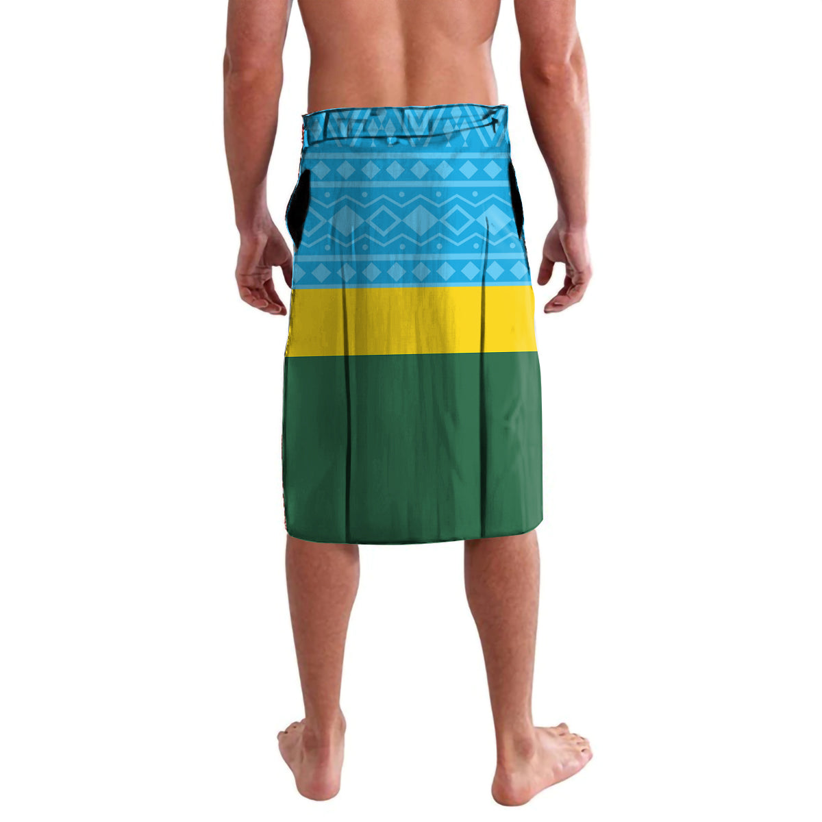 Blue, yellow, and green lavalava skirt with geometric border, front view