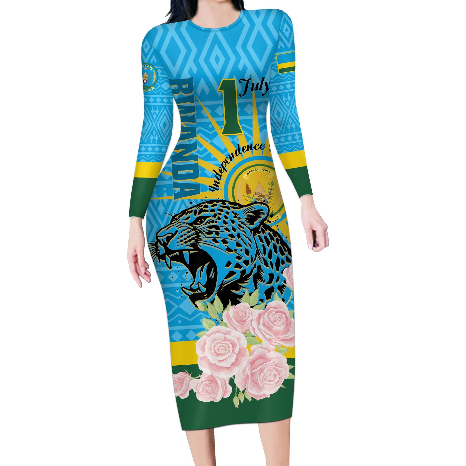 Rwanda Independence Day Long Sleeve Bodycon Dress Leopard With Roses