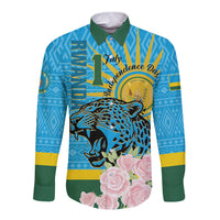Blue long-sleeve button shirt with leopard face and pink roses graphic