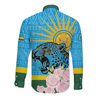 Blue long-sleeve button shirt back with leopard, sun emblem, and pink roses