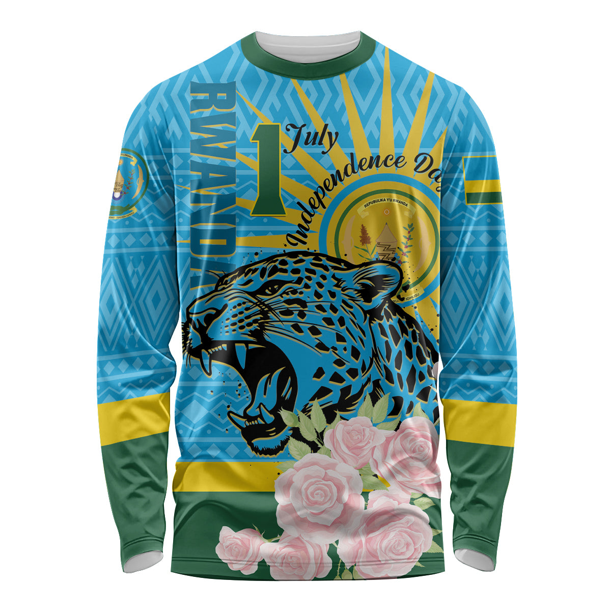 Rwanda Independence Day Long Sleeve Shirt Leopard With Roses - Wonder Print Shop