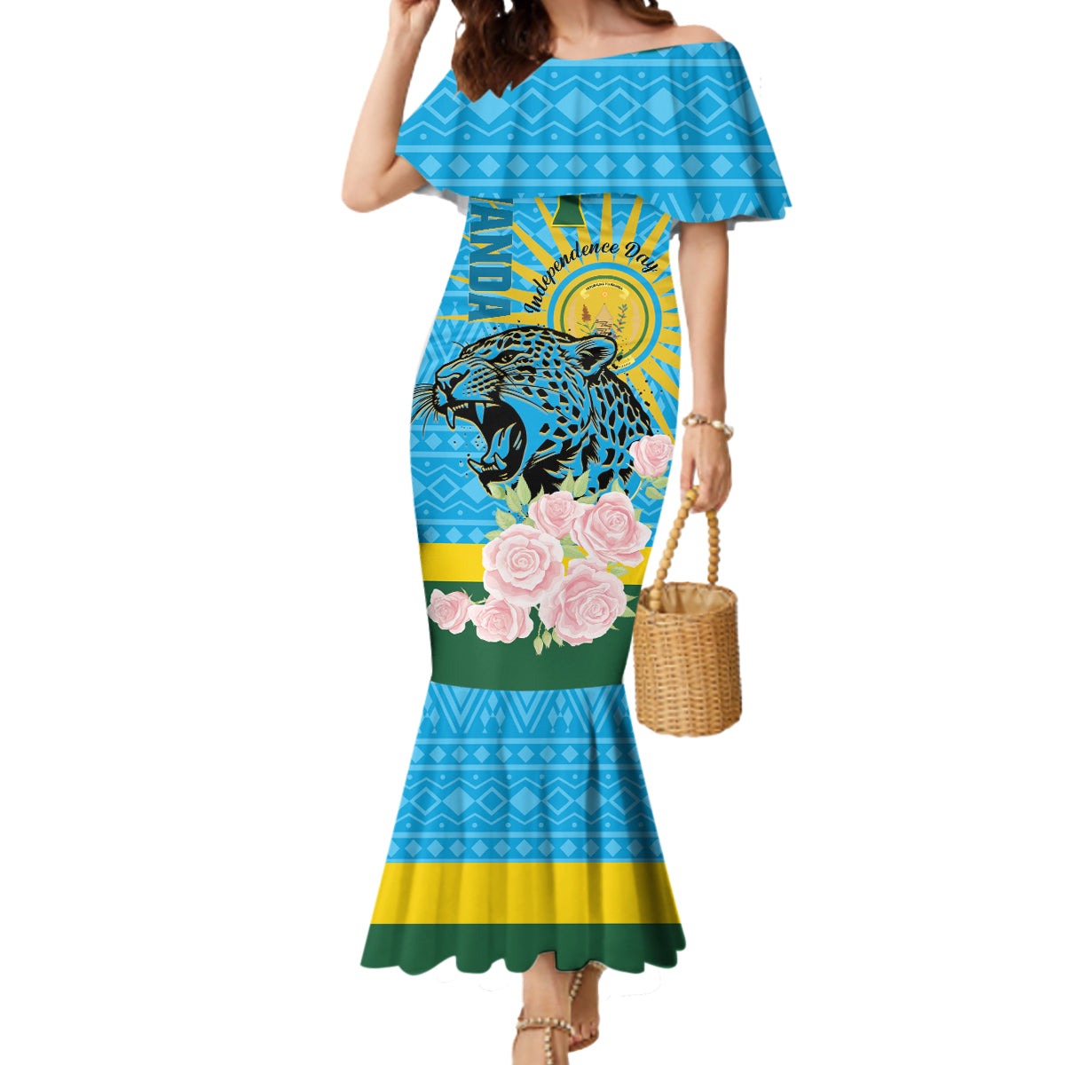 Rwanda Independence Day Mermaid Dress Leopard With Roses