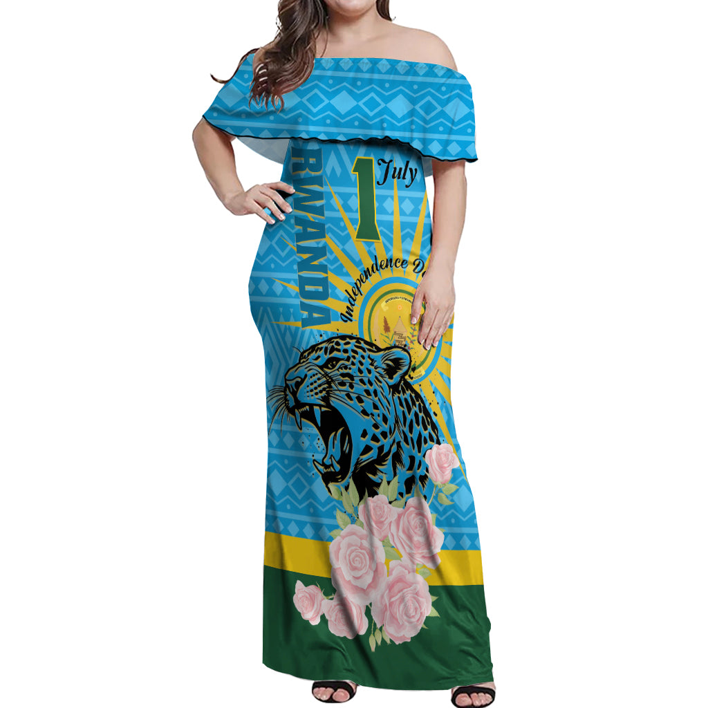 Rwanda Independence Day Off Shoulder Maxi Dress Leopard With Roses