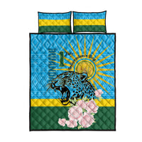 Leopard quilt bed set with blue, yellow, and green striped pattern, pink roses, and pillow shams