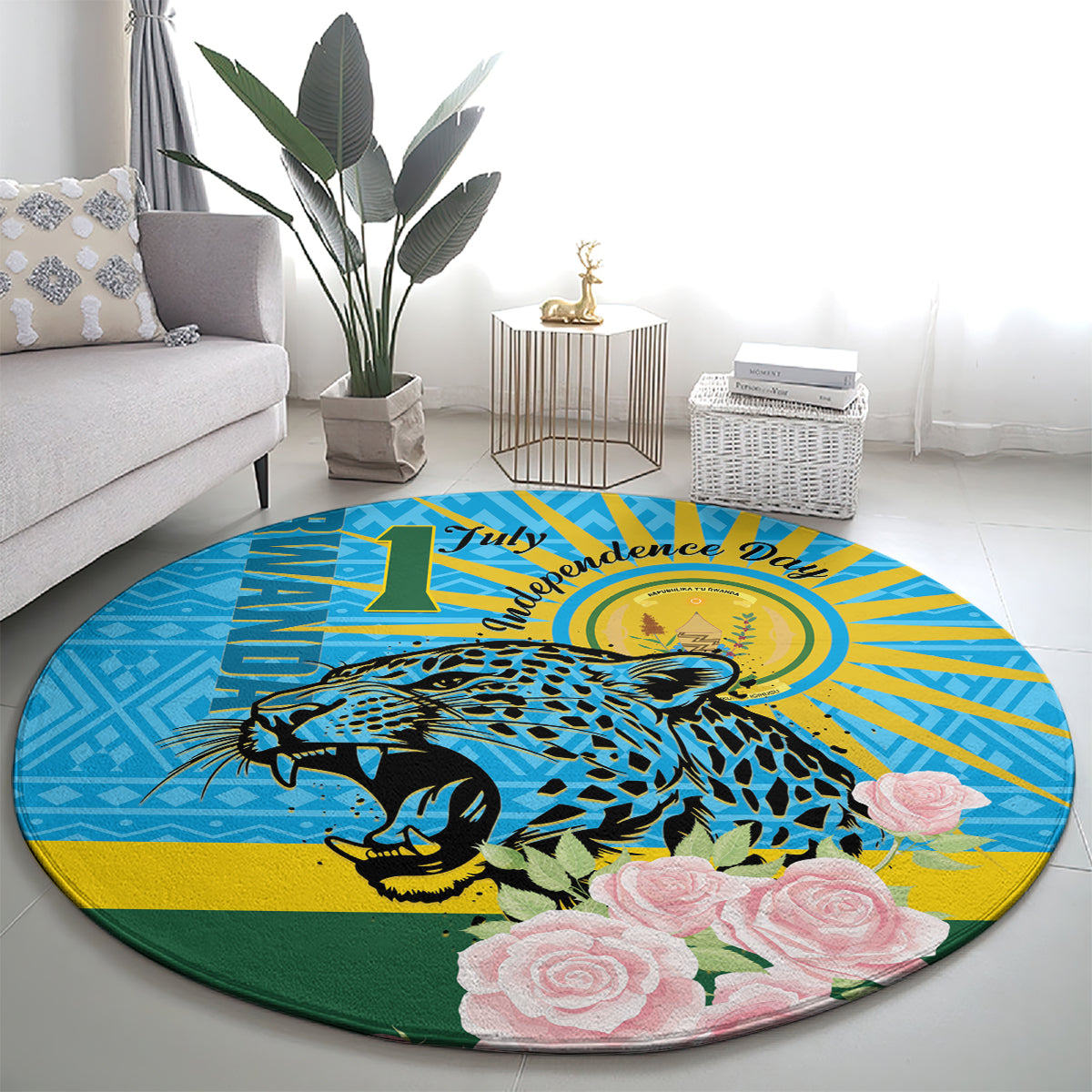 Blue round carpet featuring a leopard and pink roses with yellow sunburst