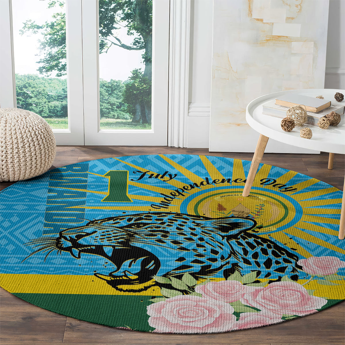Blue round carpet with leopard and pink rose flowers, dark green border