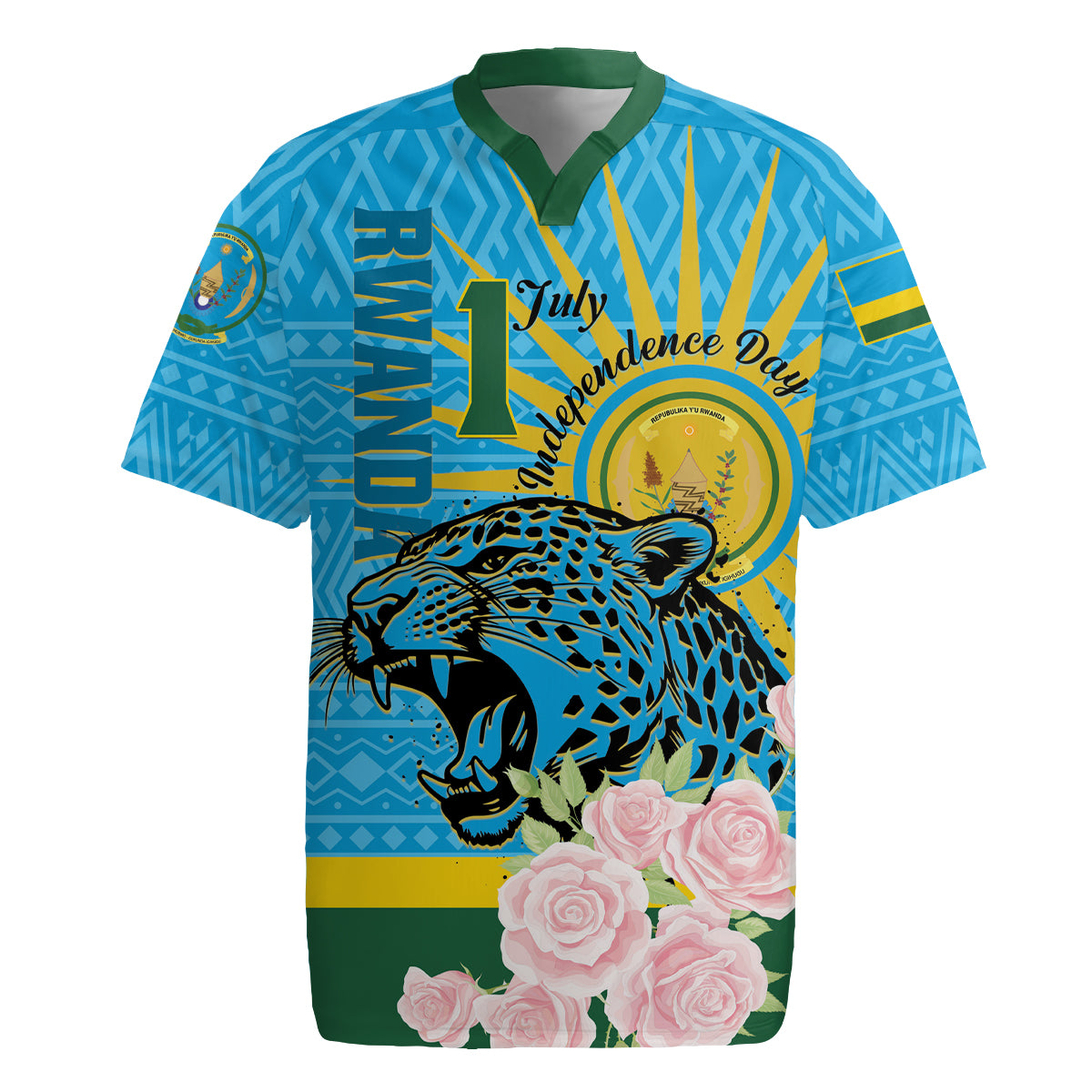 Rwanda Independence Day Rugby Jersey Leopard With Roses - Wonder Print Shop