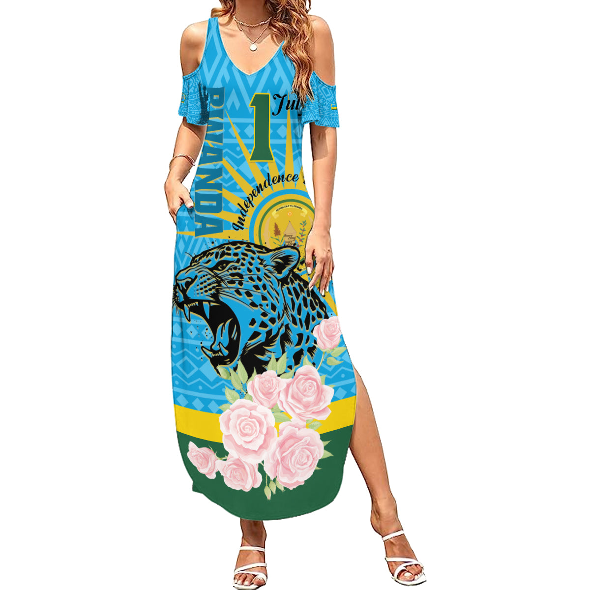 Rwanda Independence Day Summer Maxi Dress Leopard With Roses