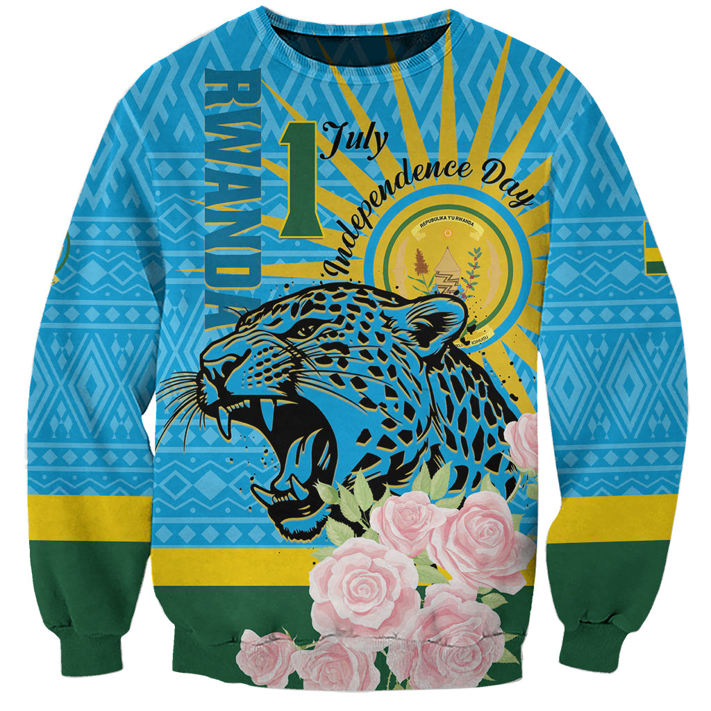 Blue unisex sweatshirt with leopard and roses graphic and 'July Independence Day' text