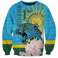 Blue unisex sweatshirt with leopard and roses graphic and 'July Independence Day' text