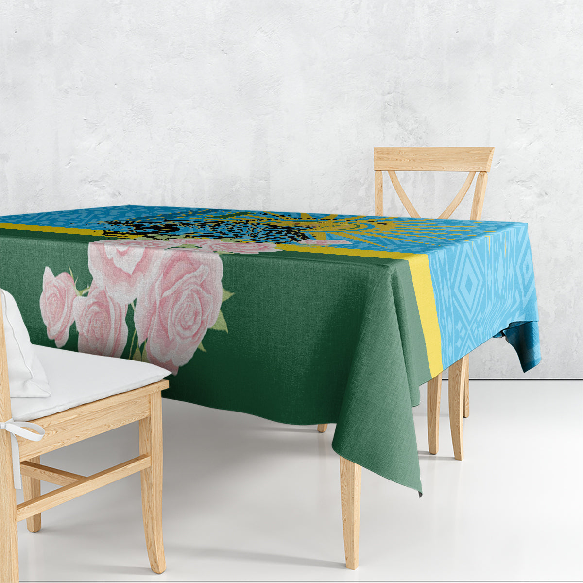 Blue tablecloth with leopard and roses motif, green and yellow striped border