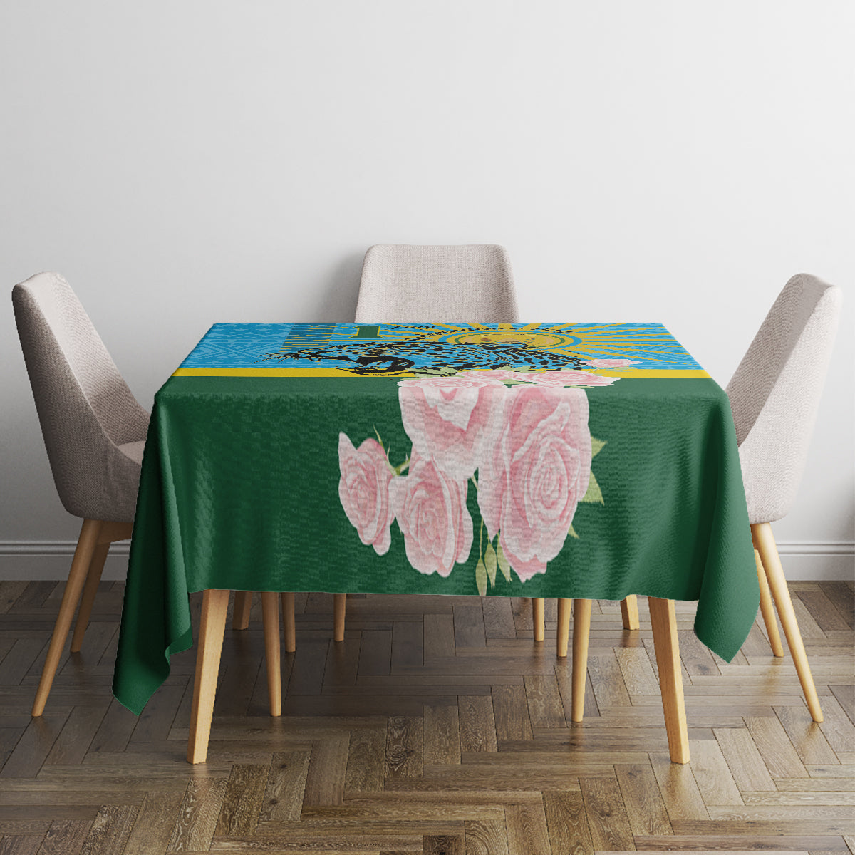 Rectangular tablecloth on dining table: green field with pink rose flowers