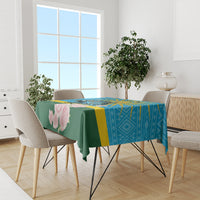 Blue tablecloth with roses on dining set, green center and yellow stripe detail