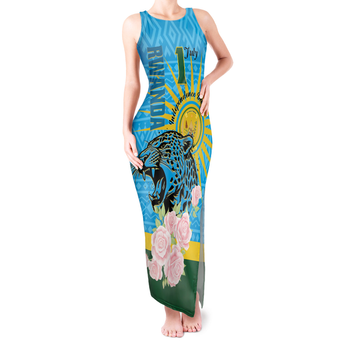 Rwanda Independence Day Tank Maxi Dress Leopard With Roses