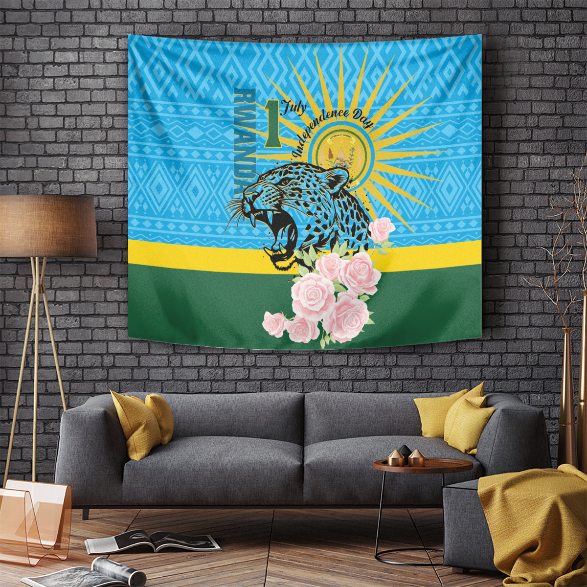Independence Day tapestry with blue geometric pattern, leopard, gold sunburst, and pink roses.