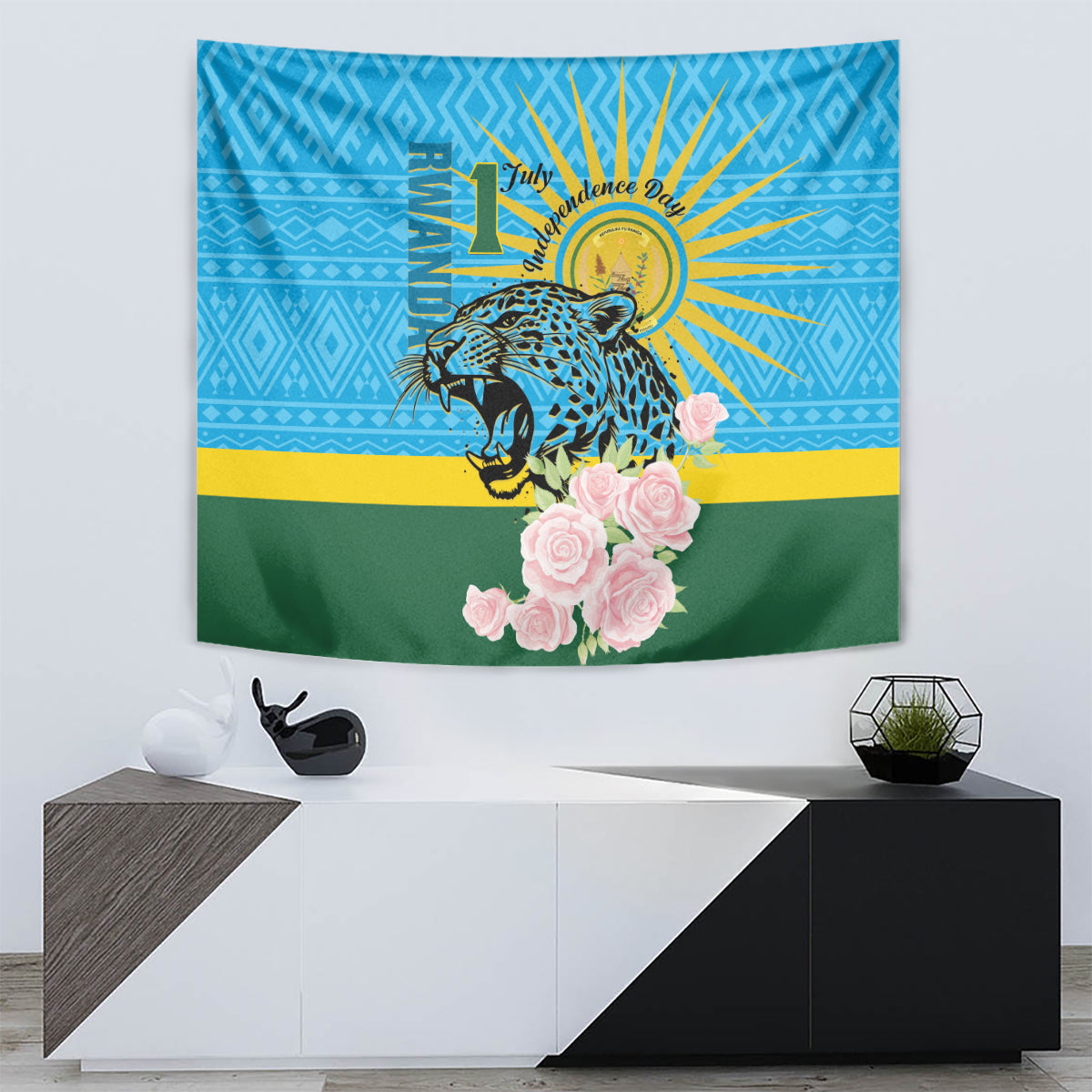 Independence Day tapestry featuring leopard, gold sunburst rays, and pink roses on blue and green.