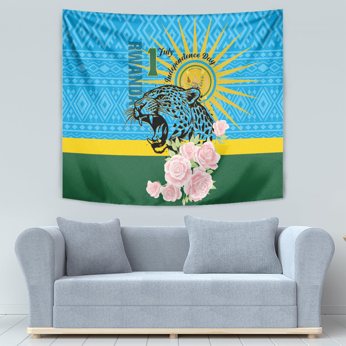 Independence Day tapestry with leopard, gold sunburst, and pink rose bouquet centered on blue/green.