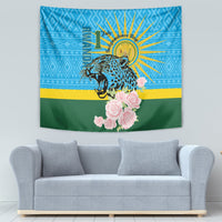 Independence Day tapestry with leopard, gold sunburst, and pink rose bouquet centered on blue/green.