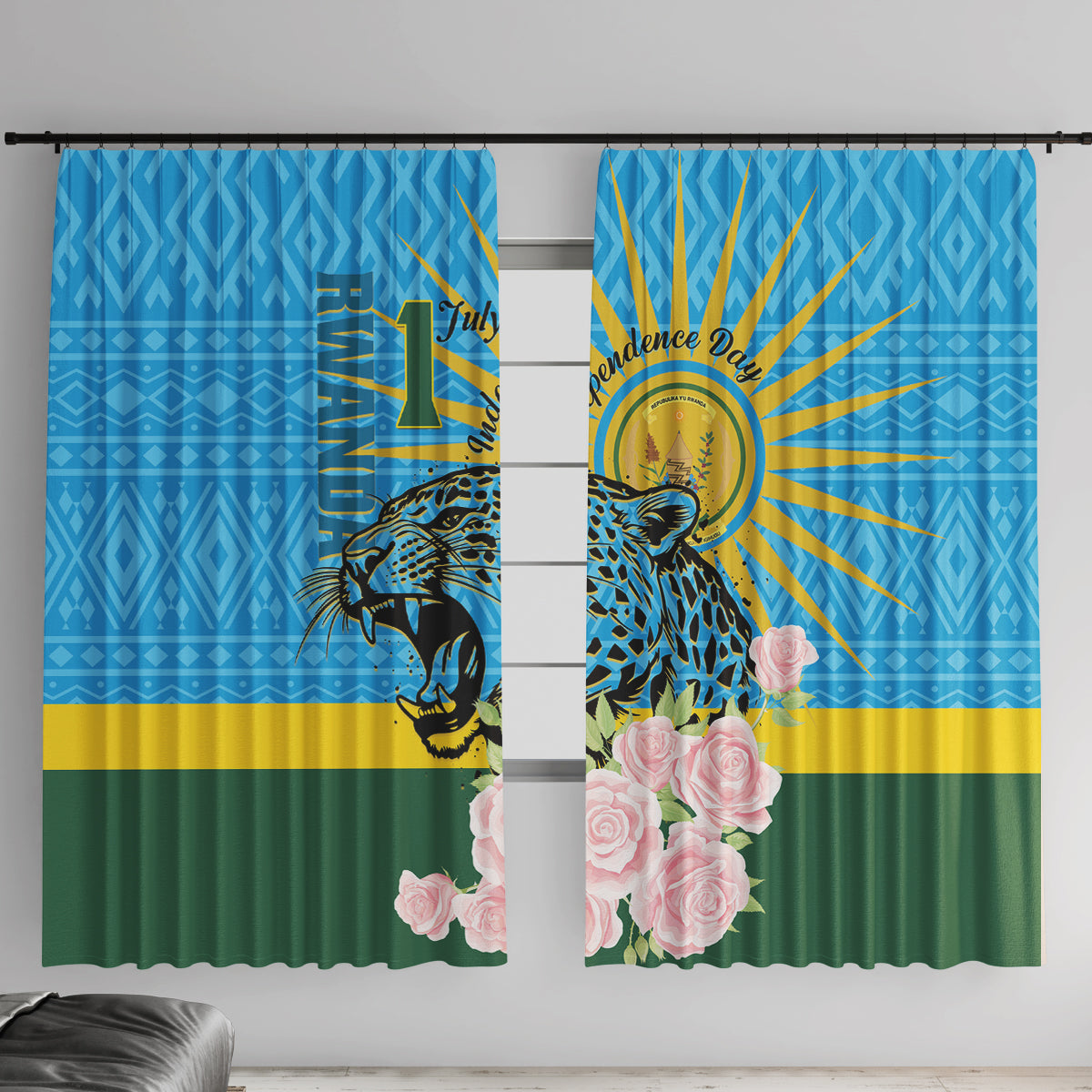 Rwanda Independence Day Window Curtain Leopard With Roses