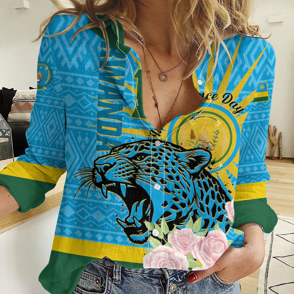 Rwanda Independence Day Women Casual Shirt Leopard With Roses