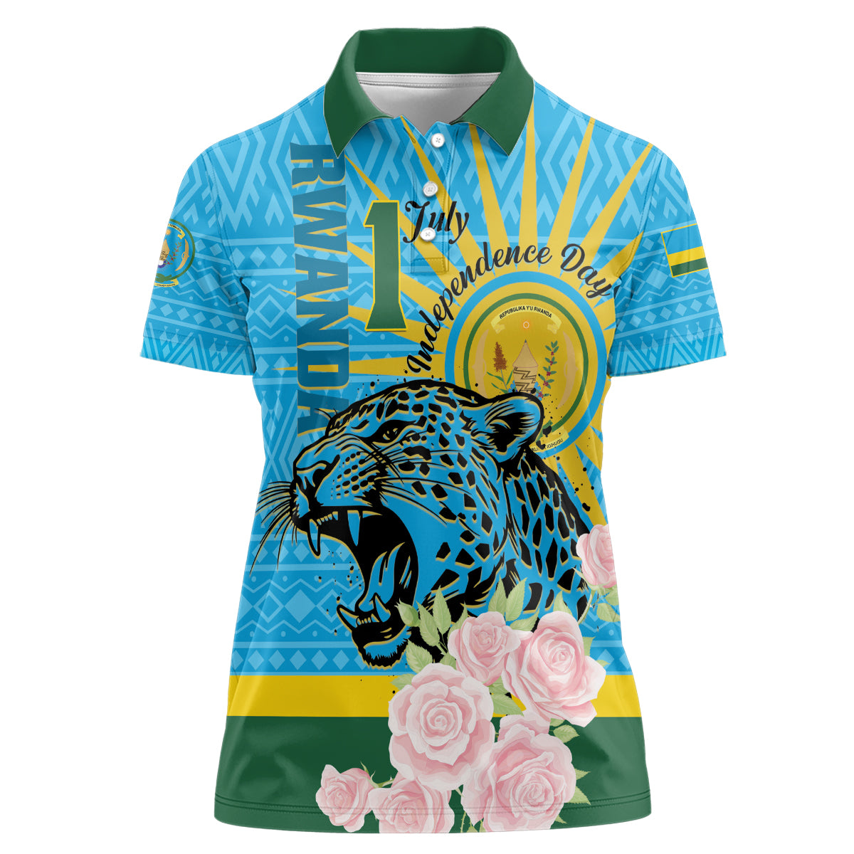 Rwanda Independence Day Women Polo Shirt Leopard With Roses - Wonder Print Shop