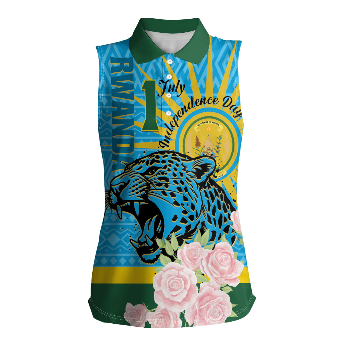 Rwanda Independence Day Women Sleeveless Polo Shirt Leopard With Roses - Wonder Print Shop