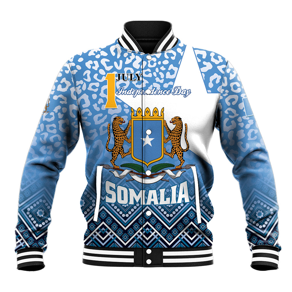 Blue and white varsity baseball jacket with ribbed trim, front crest and stars graphic