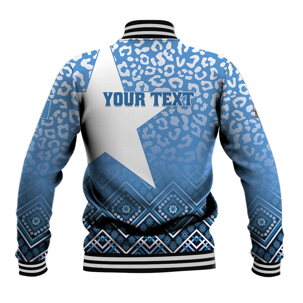 Blue and white baseball jacket back design with ribbed collar and 'YOUR TEXT' print