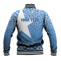 Blue and white baseball jacket back design with ribbed collar and 'YOUR TEXT' print
