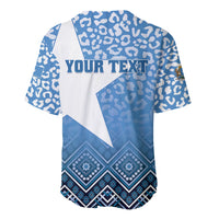 Blue baseball jersey with cheetah pattern, white panel, and "YOUR TEXT" on back