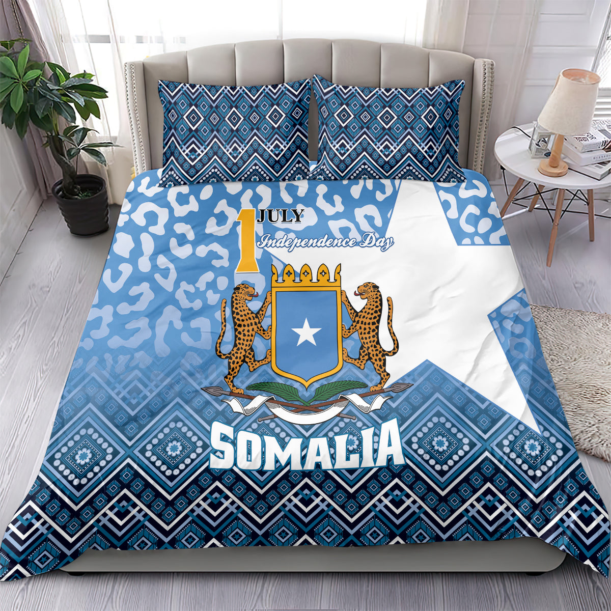 Blue and white Somalia bedding set with shield emblem, leopards, and diamond border pattern