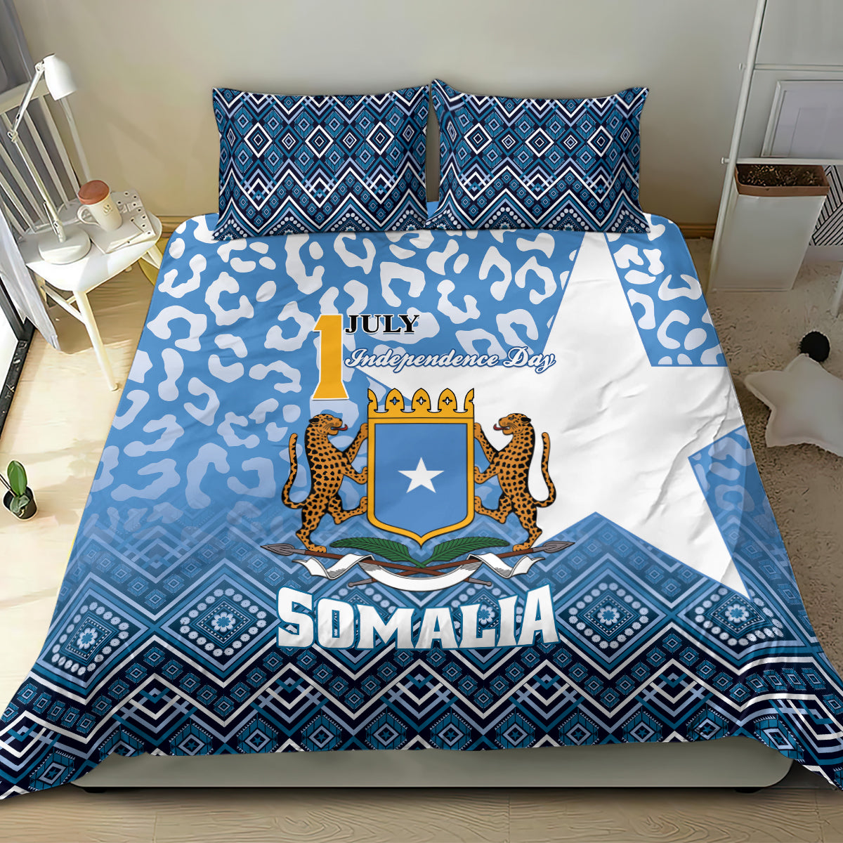 Blue and white bedding set with Somalia shield emblem, leopard artwork, and patterned border