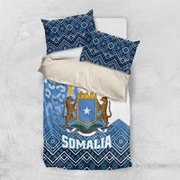 Blue and white duvet cover set with Somalia shield emblem, leopard art, and matching pillows