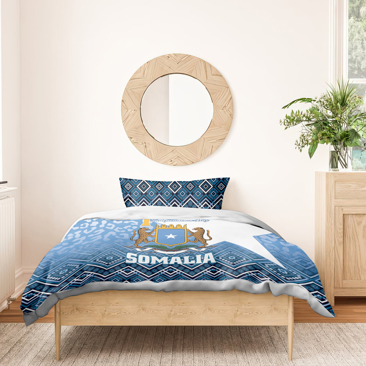 Blue and white bedding set with Somalia shield emblem, leopard artwork, and diamond pattern