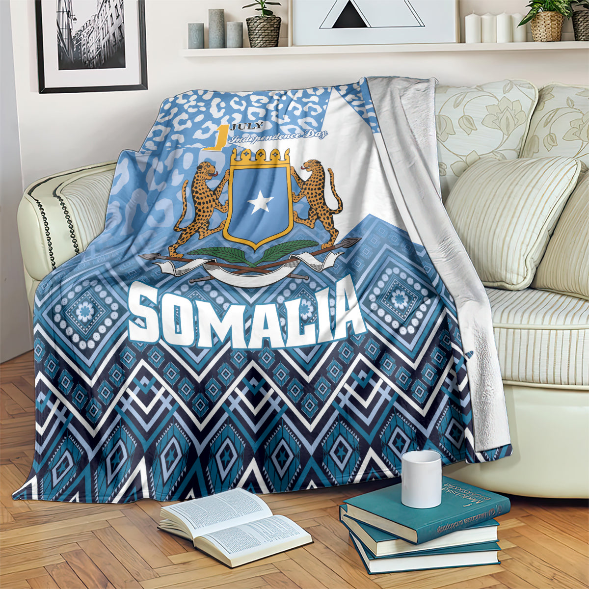 Blue patterned blanket with shield, star, and leopard figures for Somalia Independence Day