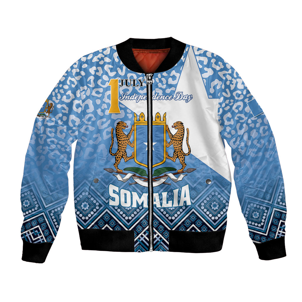Unisex blue bomber jacket with Somalia crest, cheetahs, and Independence Day text