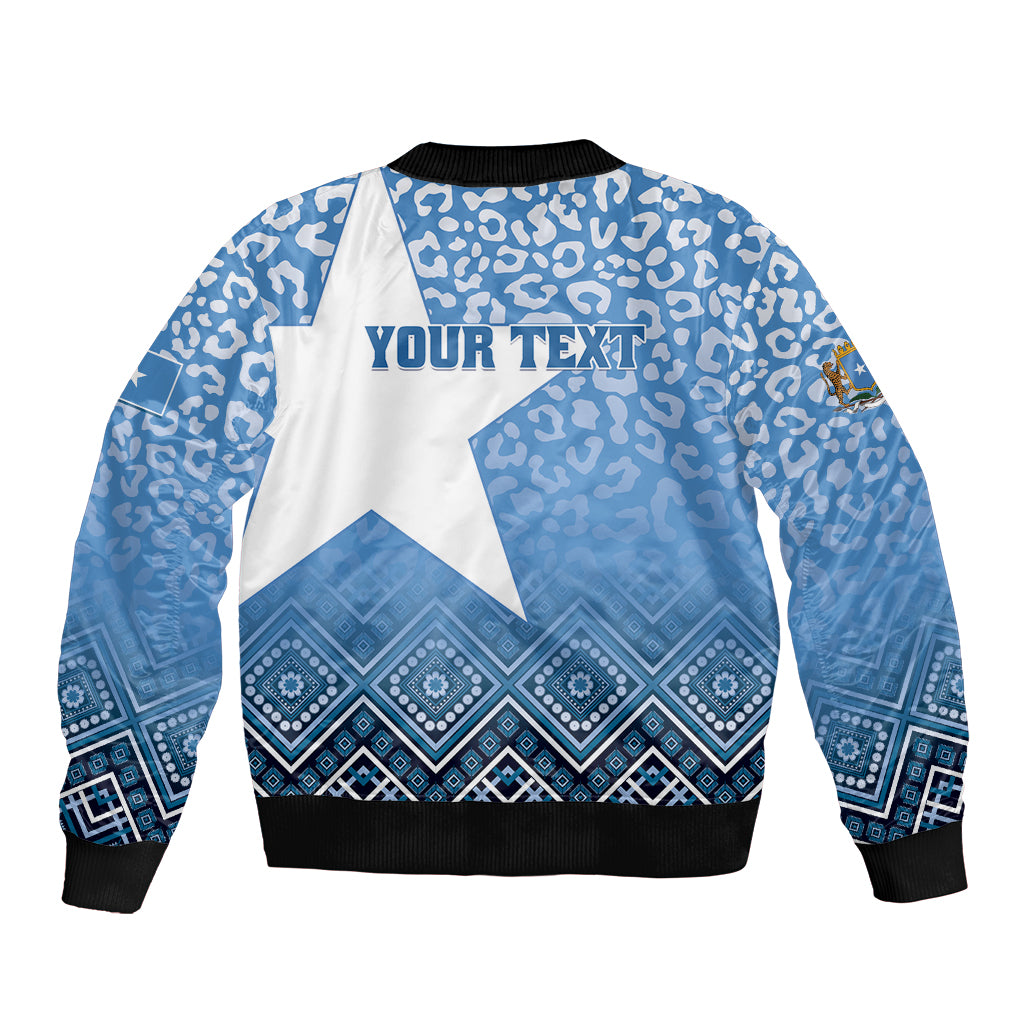 Unisex blue bomber jacket with star and leopard pattern, 'YOUR TEXT' graphic